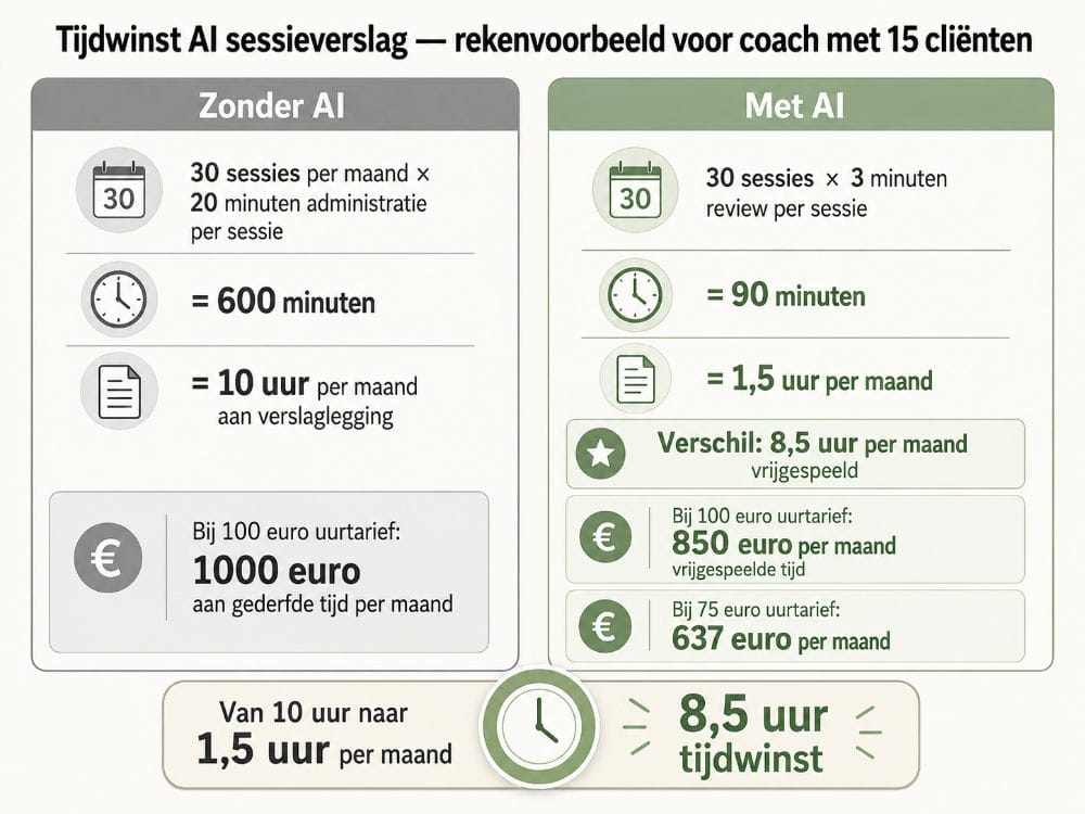 Tijdsbesparing AI sessieverslag voor coaches - rekenvoorbeeld 8,5 uur per maand bespaard bij 30 sessies, €850 vrijgespeelde tijd bij uurtarief van €100