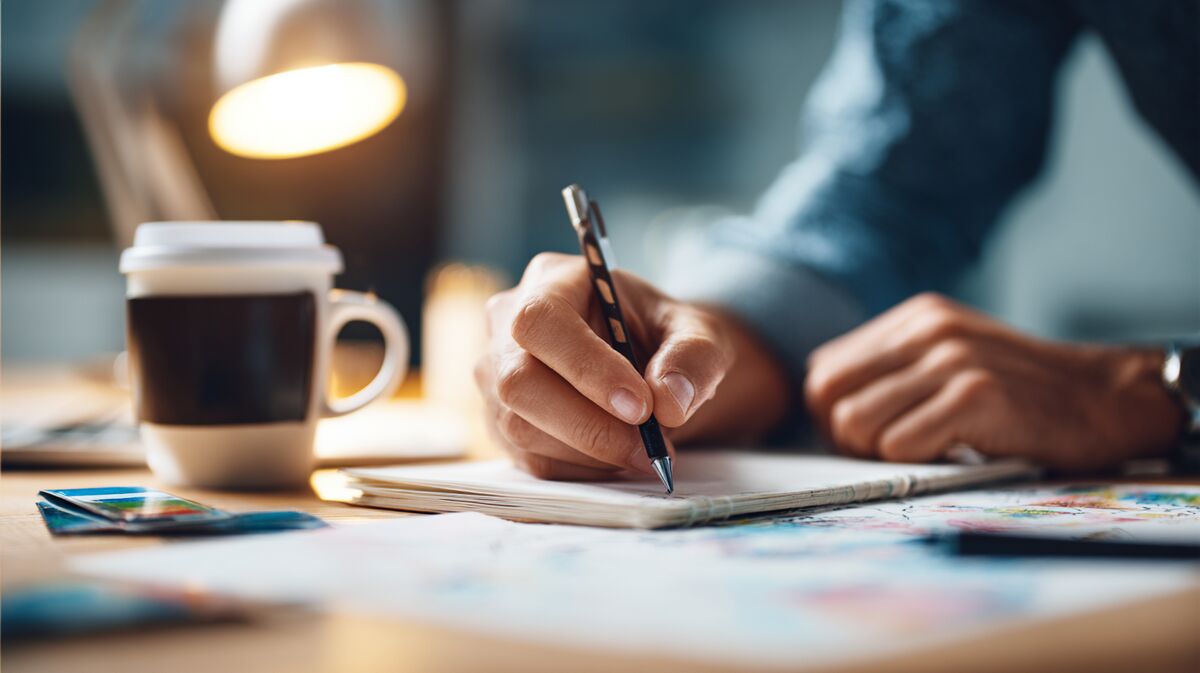 Close-up van coach die stakeholder map schetst op notepad tijdens strategie sessie, methodisch B2B approach