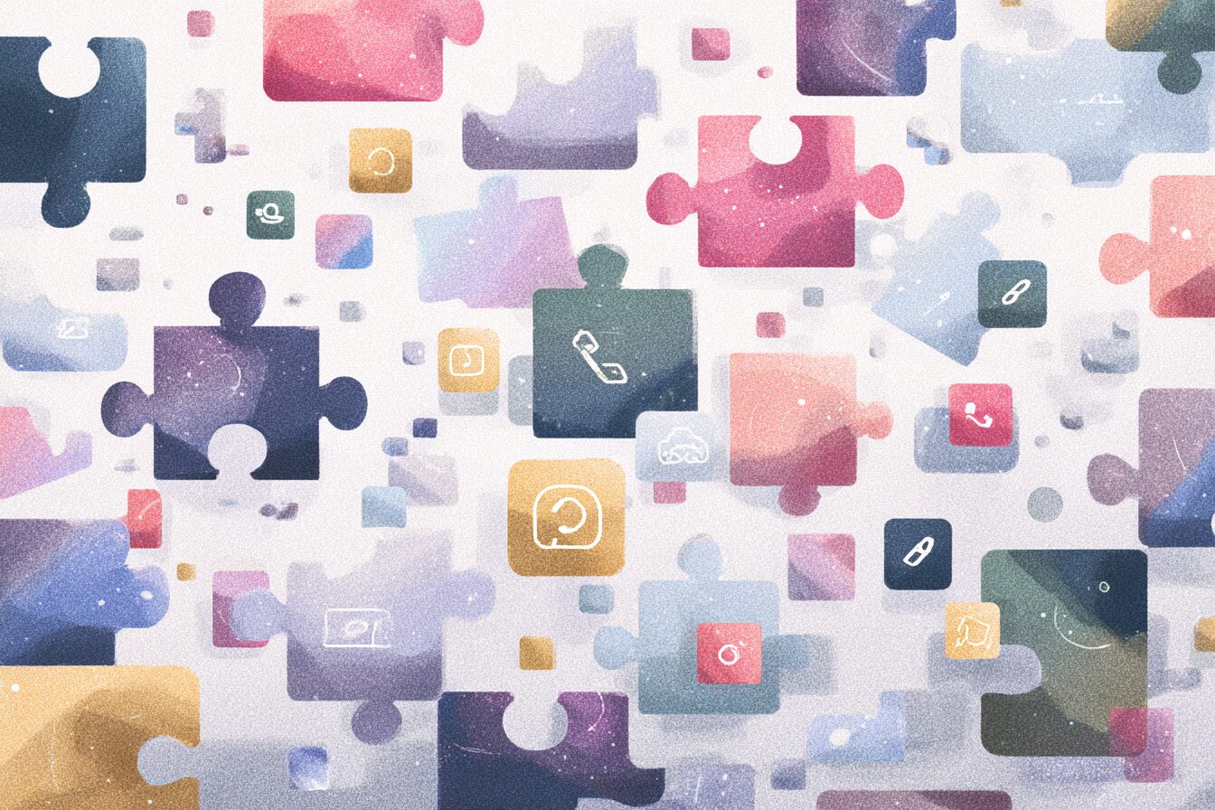 Abstract illustratie van losgekoppelde puzzelstukjes en app-iconen, chaos van meerdere tools die niet samenwerken