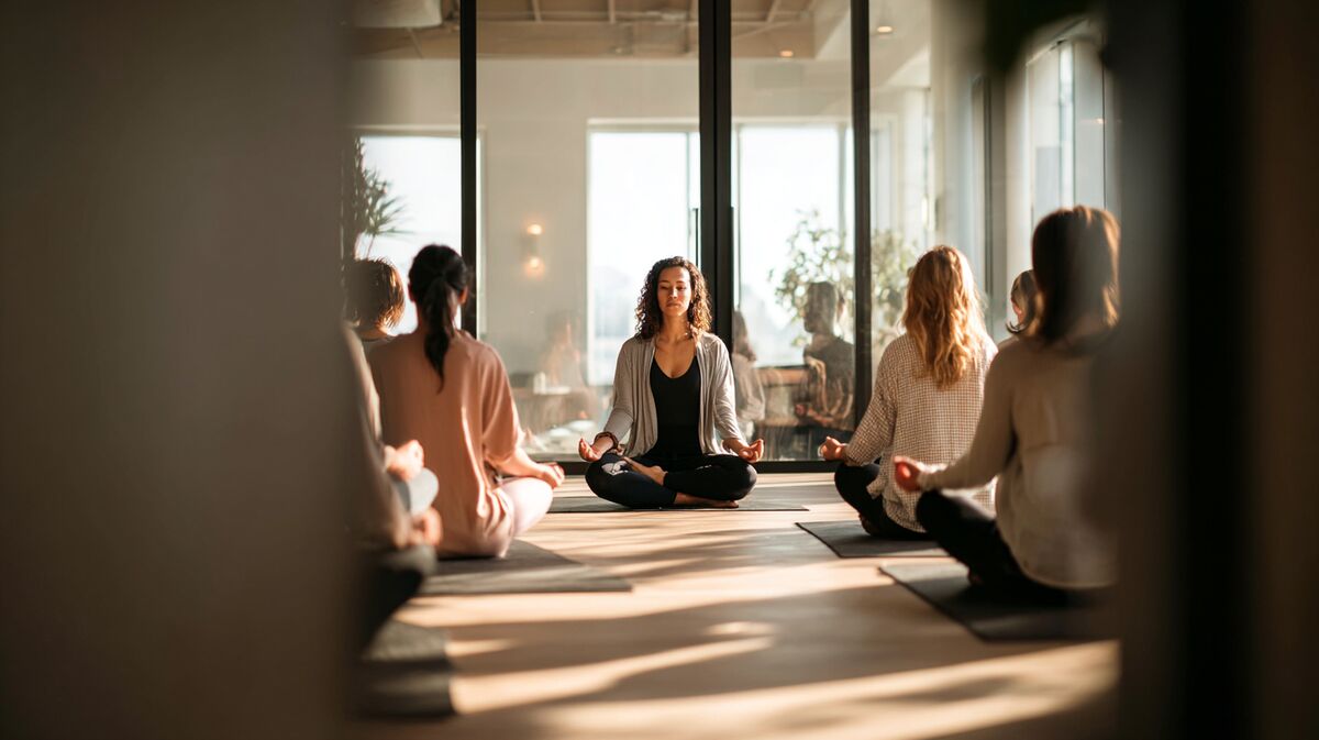 Wellness coach leidt mindfulness sessie met corporate employees in bright office space, peaceful group breathing exercise