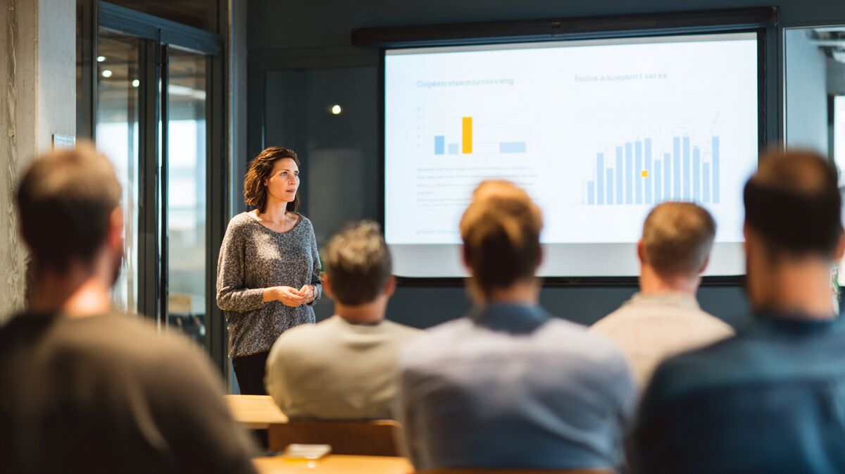 Wellness coach presenteert program ROI data aan corporate stakeholders, health cost savings graphs en engaged leadership