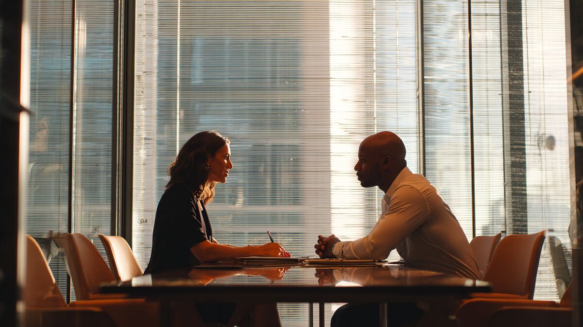 Executive coach in diep gesprek met C-level client aan boardroom tafel, authentieke coaching sessie met notities