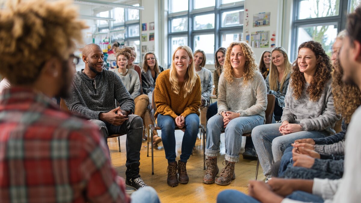 Coaching studenten in workshop cirkel tijdens opleiding