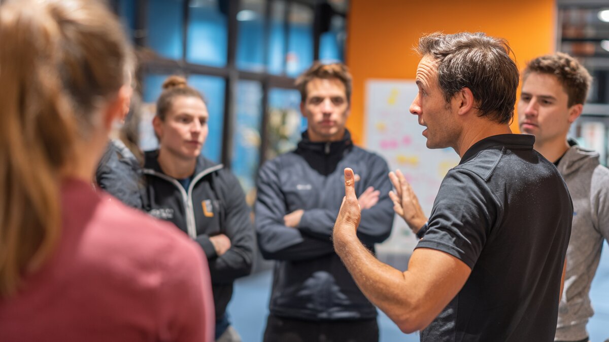 Coach trainer demonstreert technieken aan studenten tijdens opleiding