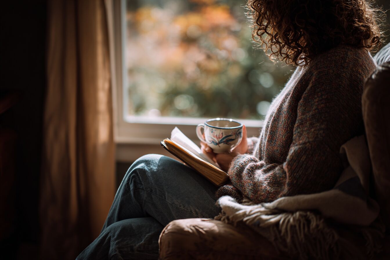 Persoon met journal en thee bij raam, reflectie en nieuwe start