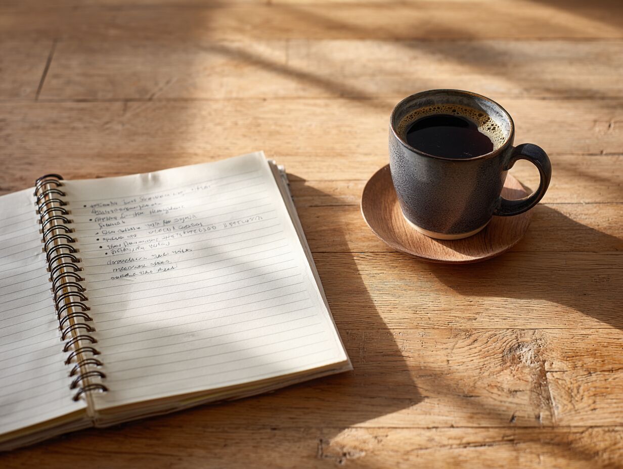 Notebook met handgeschreven coaching notities en koffie