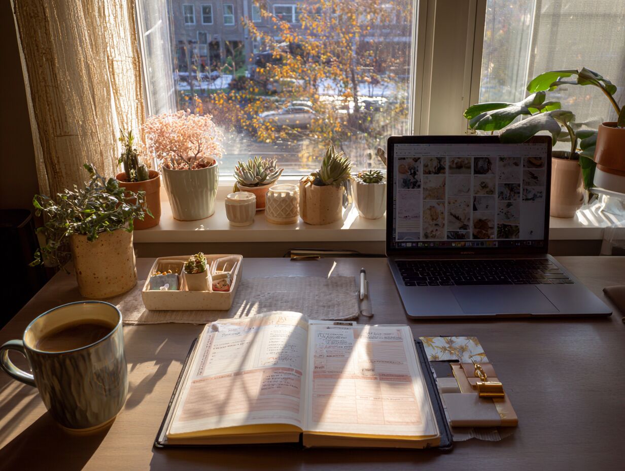 Home office workspace met laptop, planner en planten bij raam