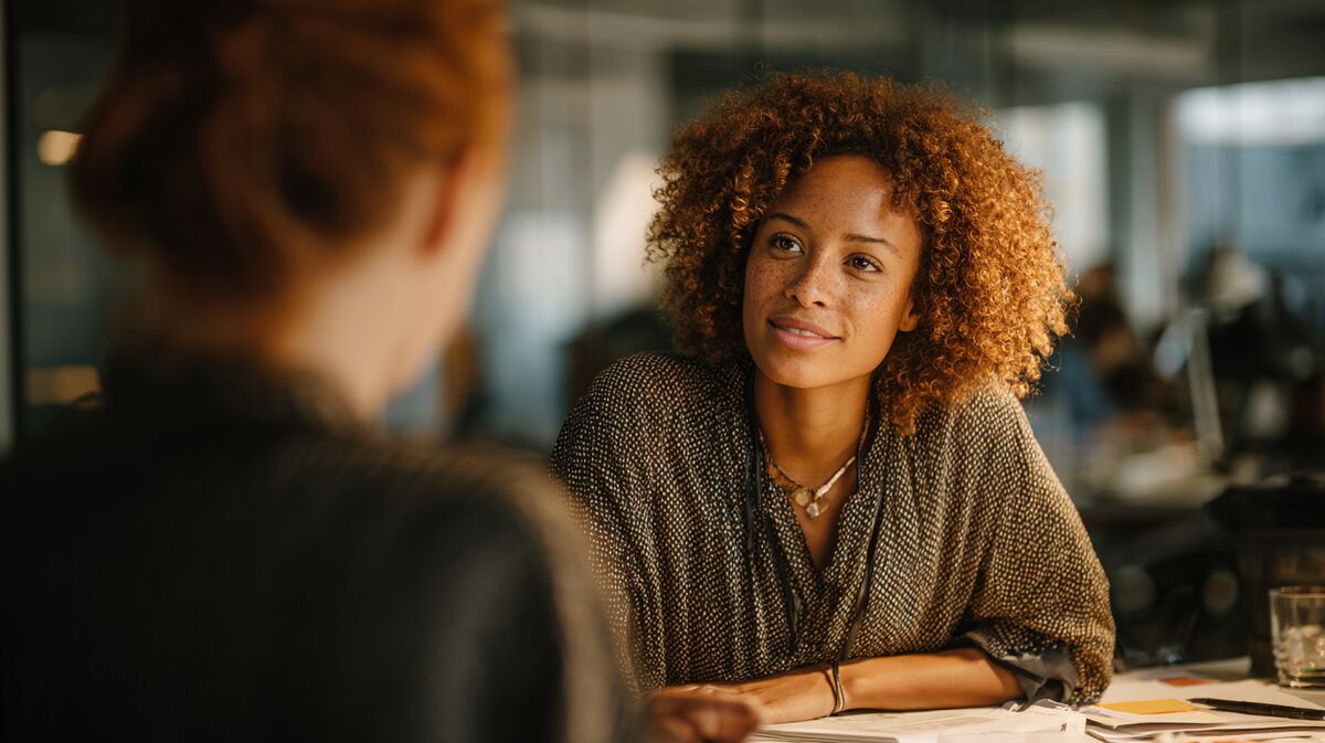 Outplacement coach in deep career planning gesprek met professional, job search materials en empathetic support moment