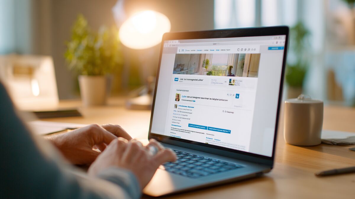 Coach helpt client LinkedIn profiel optimaliseren op laptop screen, digital personal branding coaching moment