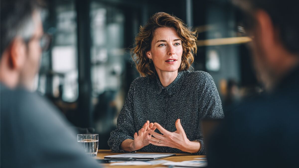 Coach presenteert team coaching voorstel aan L&D Director, professioneel B2B sales gesprek met materialen