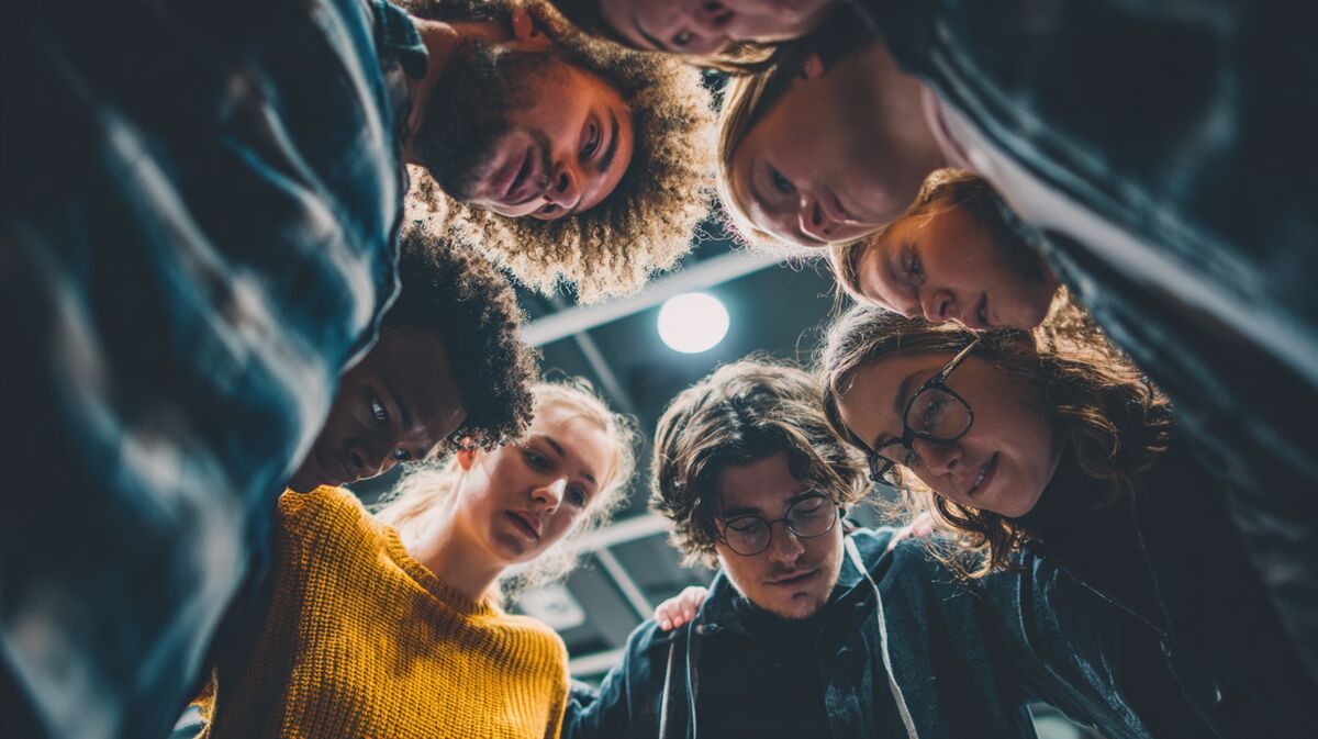 Team members in collaboratieve huddle met coach die begeleidt, unity en shared focus vanuit lage hoek