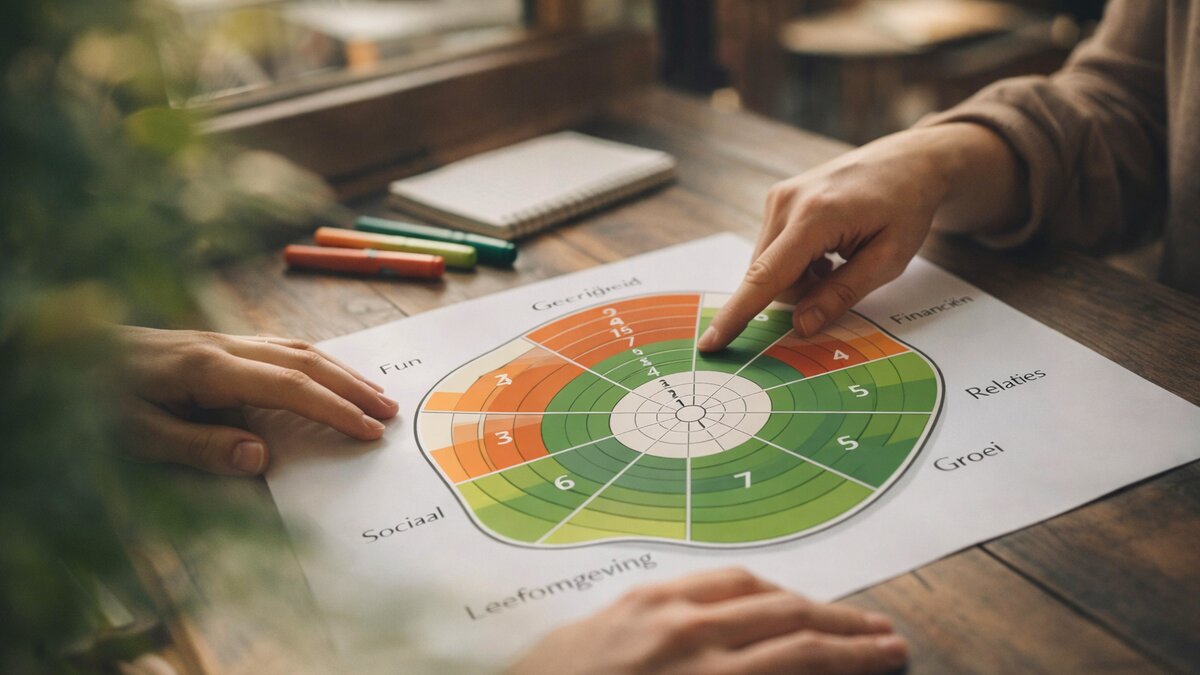 Coach en cliënt werken samen aan Wheel of Life diagram