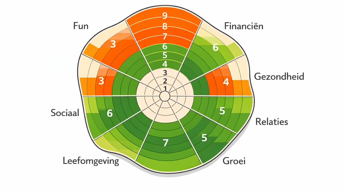 Ingevulde Wheel of Life met alle 8 levensgebieden gescoord